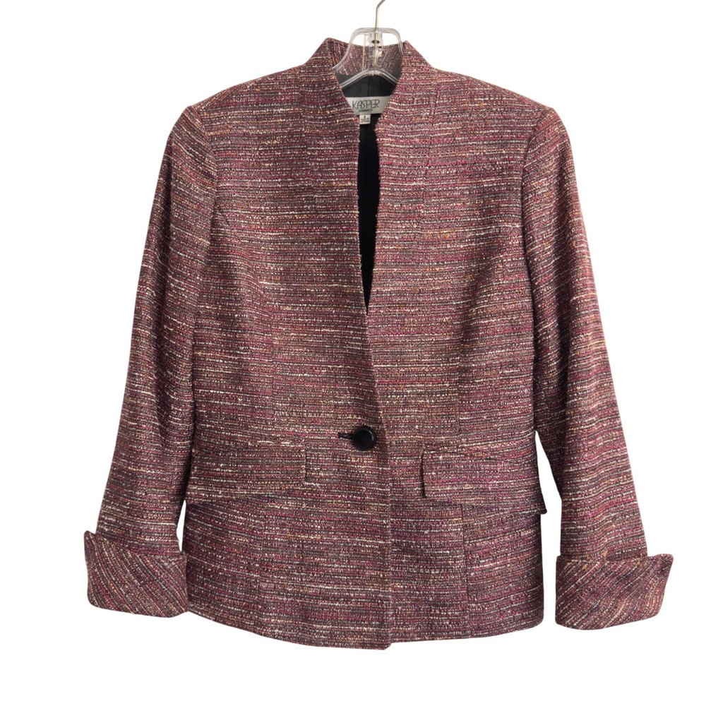 Kasper Separates Womens Burgundy Pink Tweed Stand Collar Single Button Blazer 4
